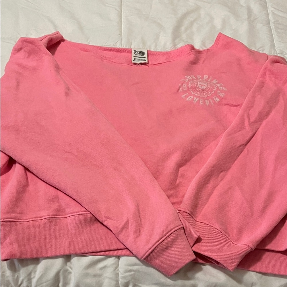 PINK Victoria's Secret Graphic off shoulder sweatshirt in Bright Pink